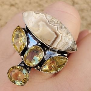 New Crazy Lace Agate and Citrine 925 Silver Ring.